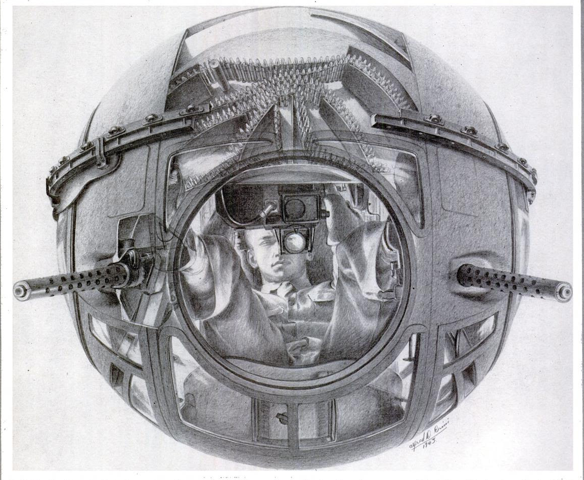 A wartime cutaway illustration of a Sperry ball turret with its gunner curled inside.