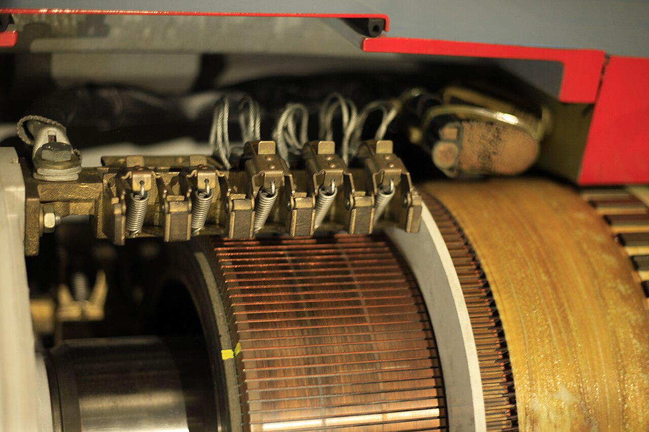 The commutator and brushes of a DC electric motor.