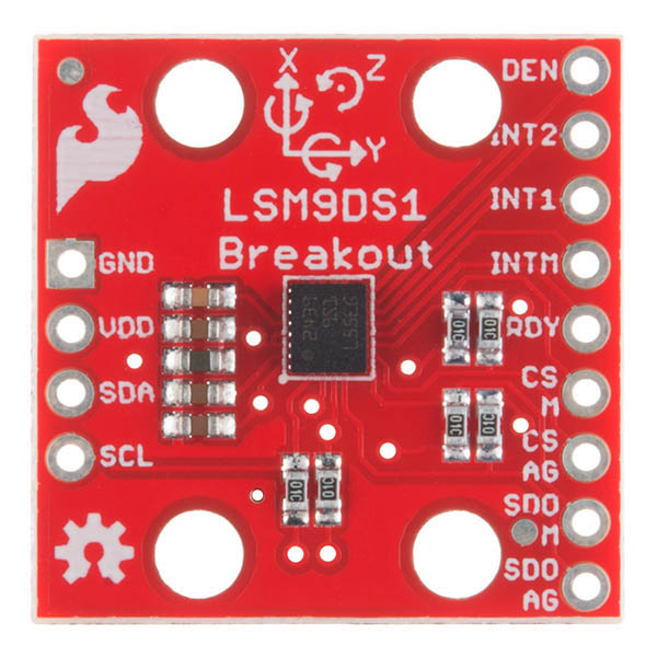 A 9-DoF IMU breakout board carrying an accelerometer, gyroscope, and magnetometer behind a row of solder pads.