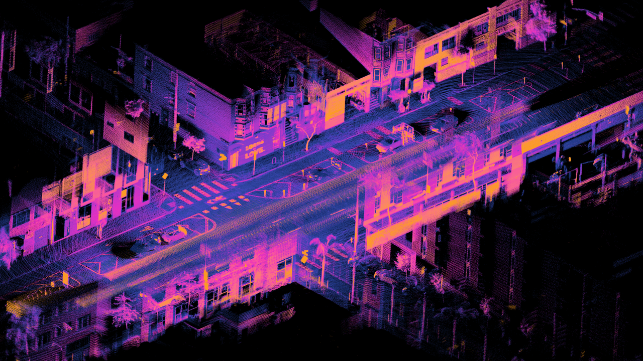 A dense 3D lidar point cloud of a street scene, walls and parked cars rendered as millions of bright scan points.