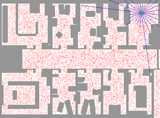 An animated particle filter localizing: a cloud of particles collapsing onto the true position.