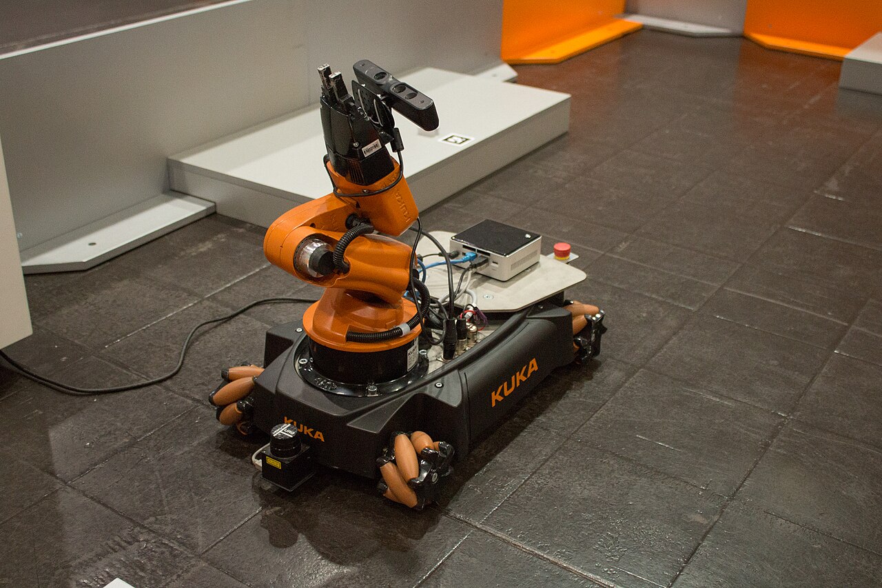 A KUKA youBot omnidirectional platform on four mecanum wheels.