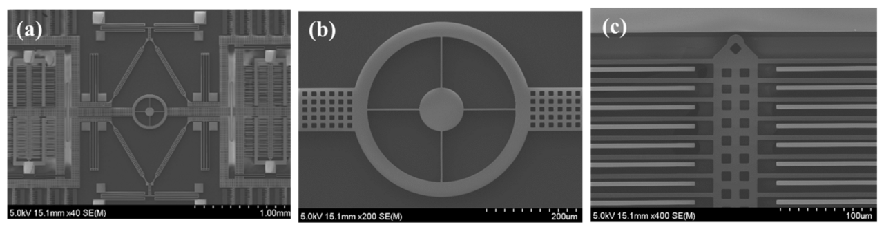 Scanning electron micrograph of a MEMS gyroscope, showing the etched silicon comb fingers and vibrating proof mass at microscopic scale.