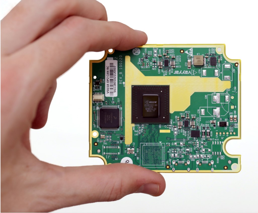 An automotive 4D imaging radar sensor, a flat circuit-board module studded with patch antennas behind a protective cover.