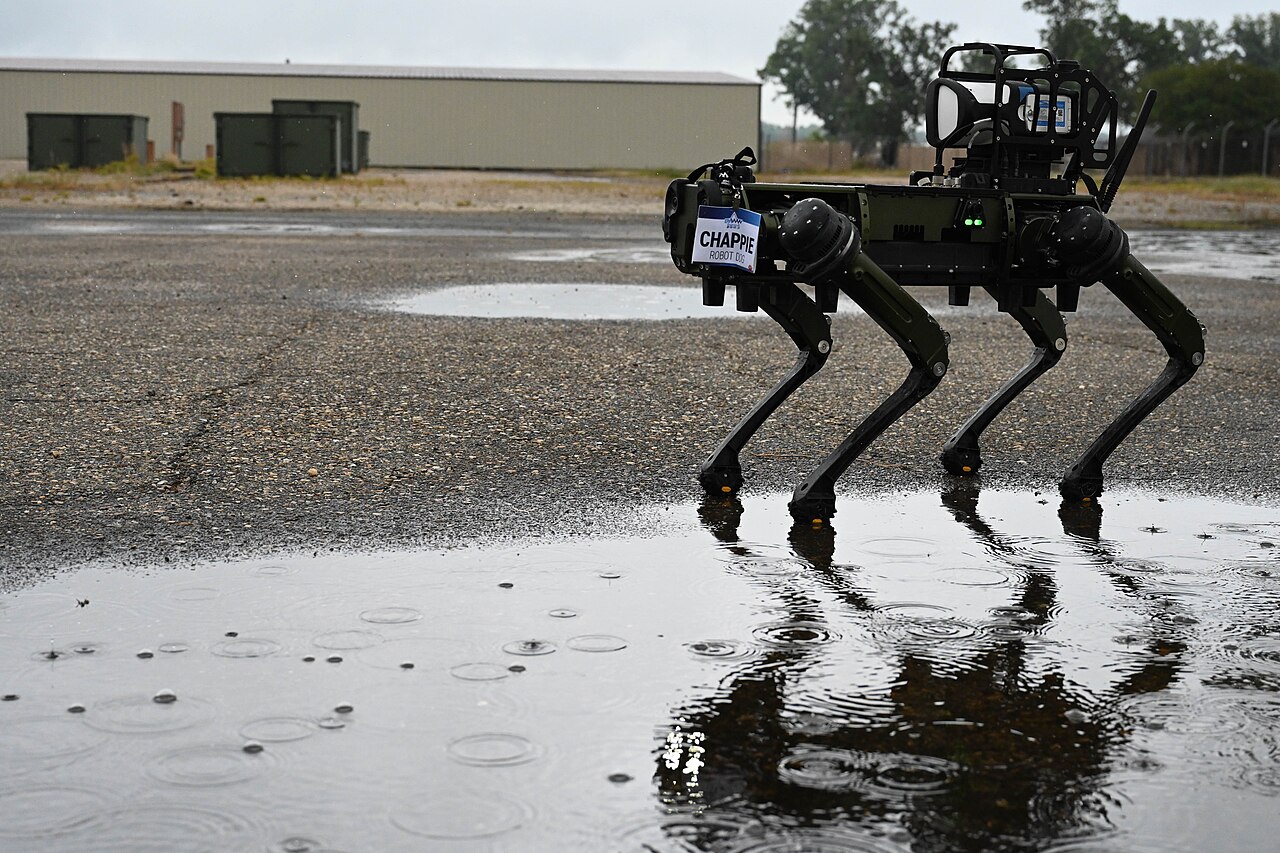 A quadruped robot with a sensor-laden head pausing on rough ground, its perception reaching only a few metres out.