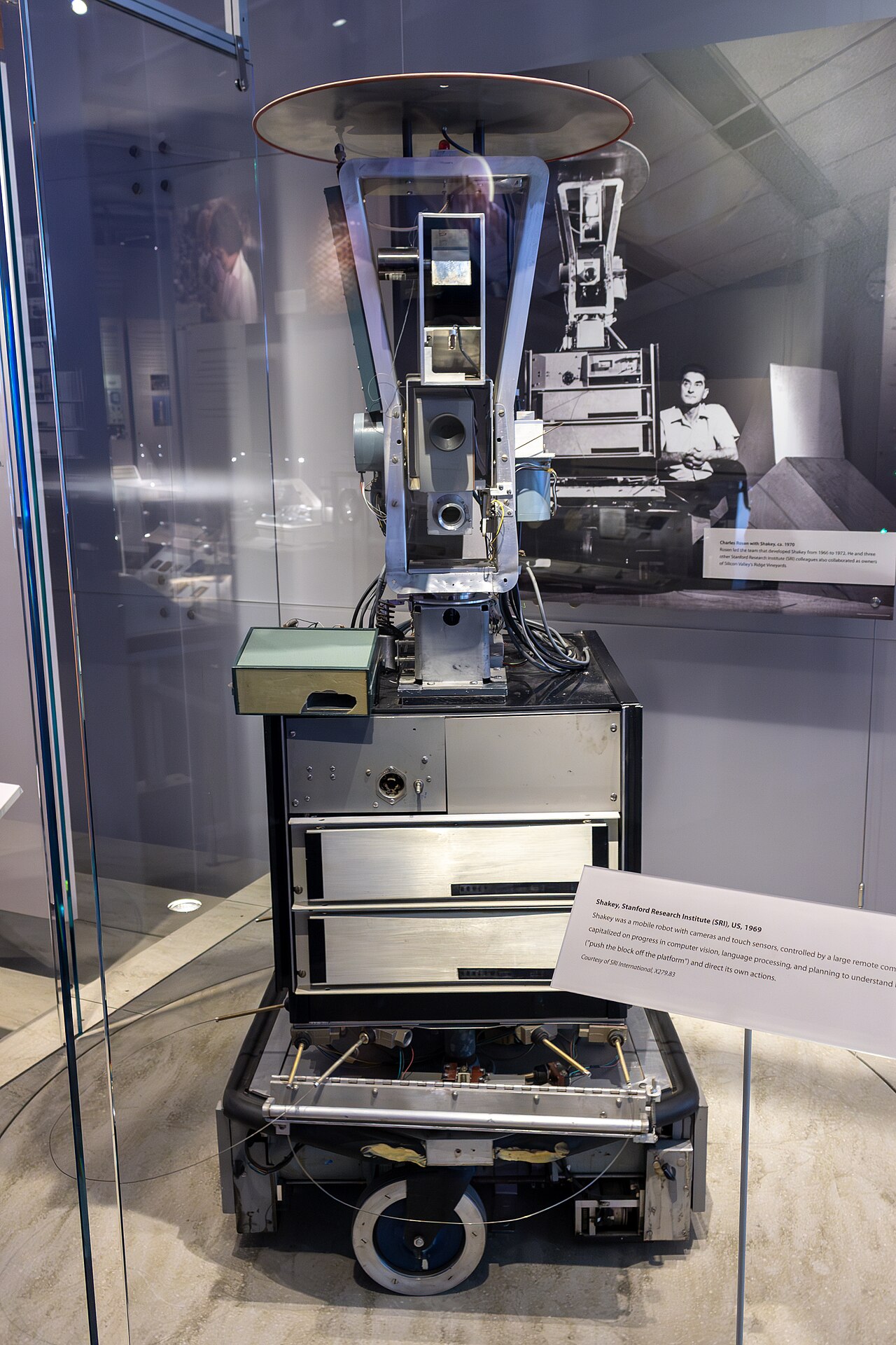 Shakey the Robot, SRI's 1969 wheeled mobile robot, on display at the Computer History Museum.