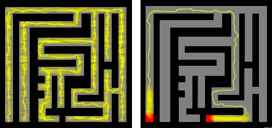 A yellow slime mold spread through a maze, with thick tubes tracing the shortest route between two food blobs and empty dead-end corridors.