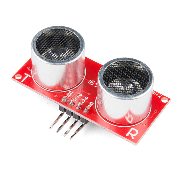An HC-SR04 ultrasonic rangefinder with its two cylindrical transducers facing forward like a pair of eyes.