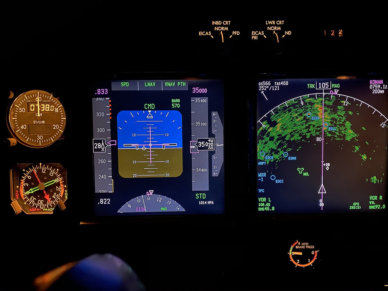 A Boeing 747-400 cockpit instrument panel showing attitude, heading, airspeed, altitude, and navigation displays.