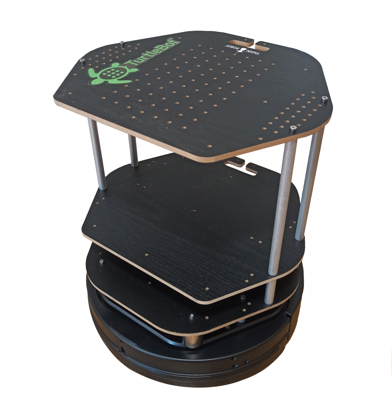 A TurtleBot 2 mobile robot: a circular wheeled base with stacked plates carrying a depth camera and laptop.